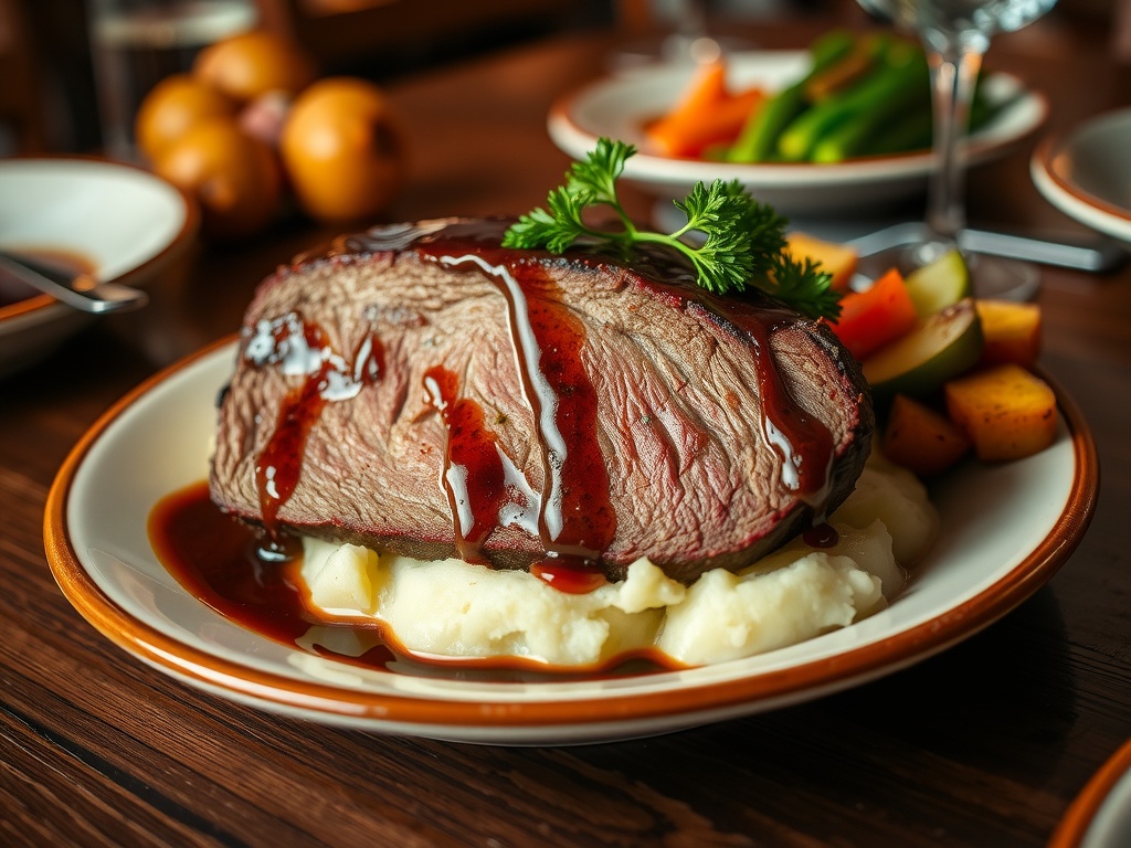 Slow-Cooked Beef Brisket with Rich Gravy Tender beef brisket with gravy served on a plate with mashed potatoes and roasted vegetables.